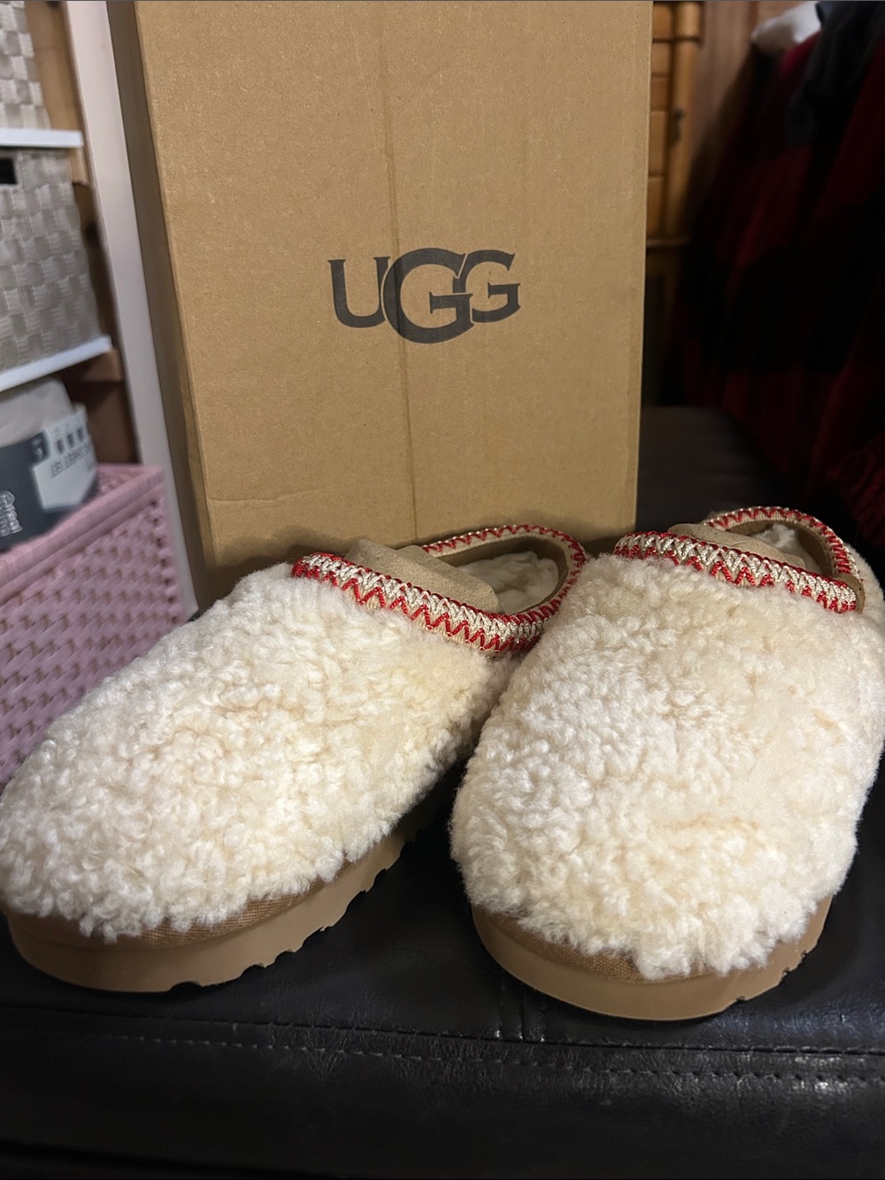 UGG Cream Shearling Slip-On Clogs with Red Trim